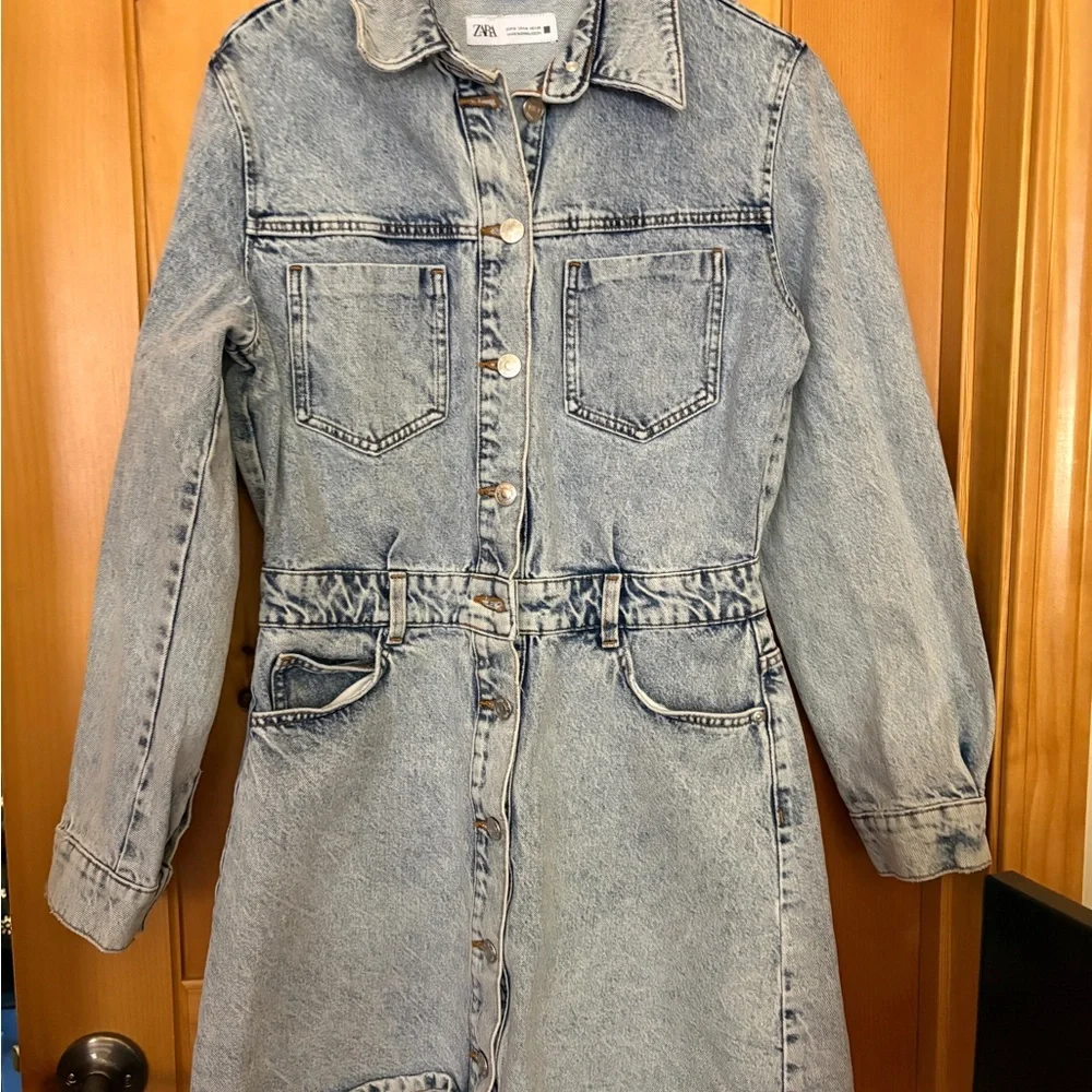 Zara Jeans Denim Long Sleeve Bruiser Stretch Frayed Mini Shirt Dress Sz M - Picture 9 of 11
